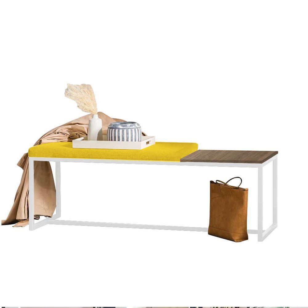 Miniatura Banco Recamier Puff 140cm Industrial Branco Sintético Amarelo Tampo Quadrado Mdf Madeira