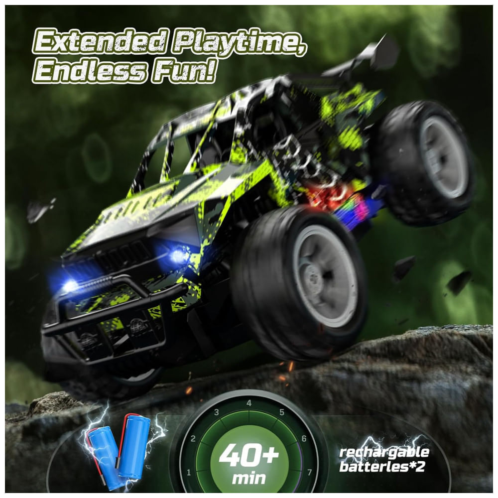 Mini Caminhão de Controle Remoto DEERC com Luzes de LED, Brinquedo Monster Truck 1:18 2.4Ghz para Meninos, 2 Baterias e Modo Turbo