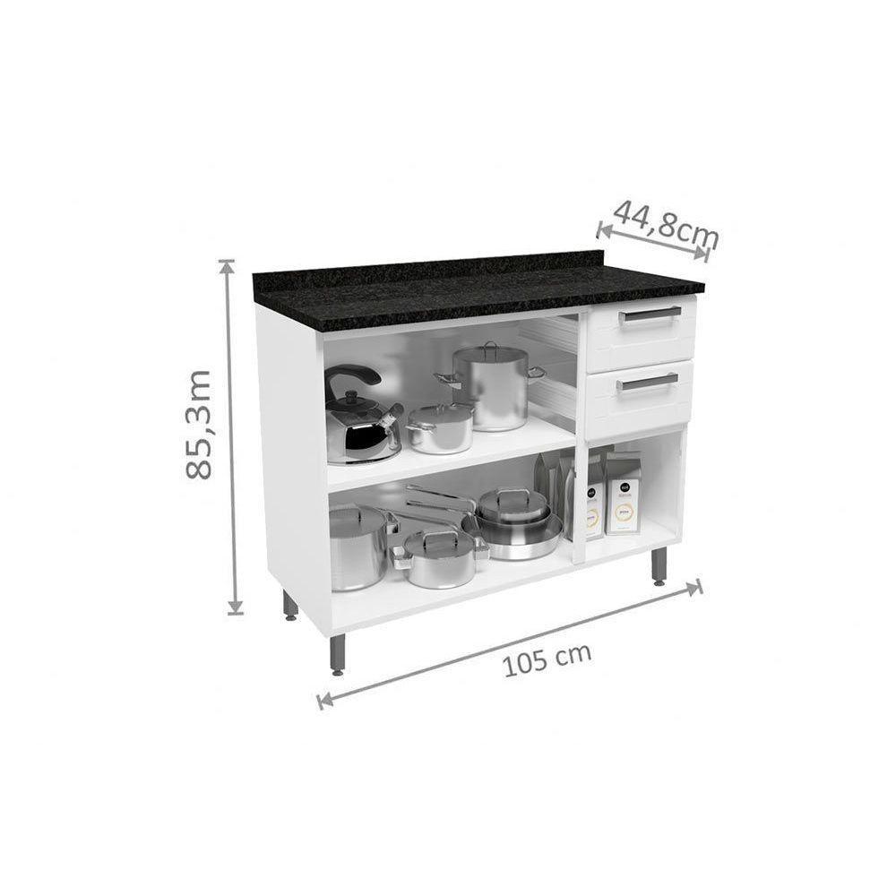 Miniatura Gabinete Para Pia Cozinha Balcão Com Tampo Múltipla 6114 Com 3 Portas E 2 Gavetas 105cm Branco Preto Bertolini