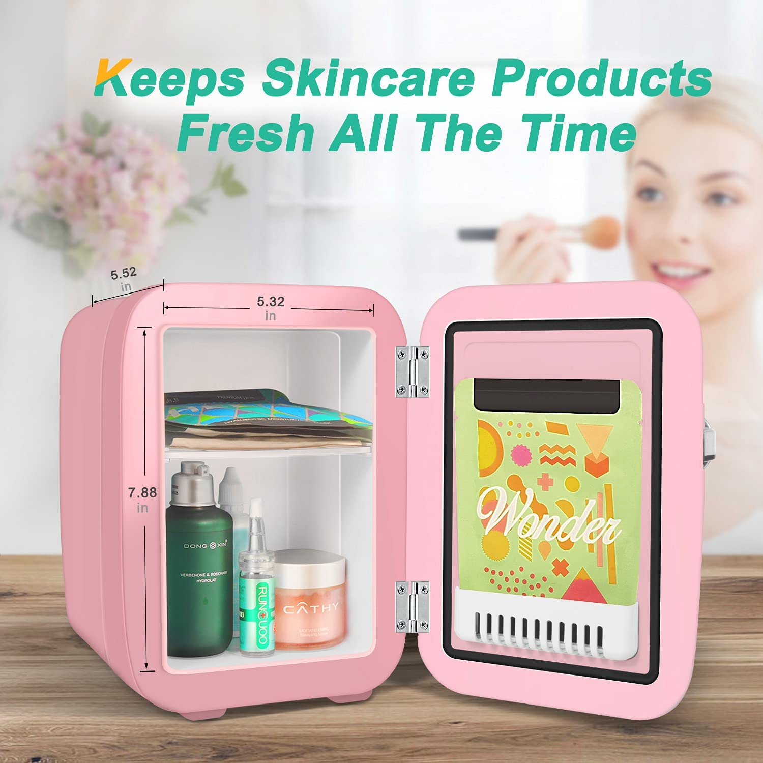 Miniatura CROWNFUL CFPC4LBLK Mini Geladeira para Skincare 4 Litros Portátil 110V12V Rosa