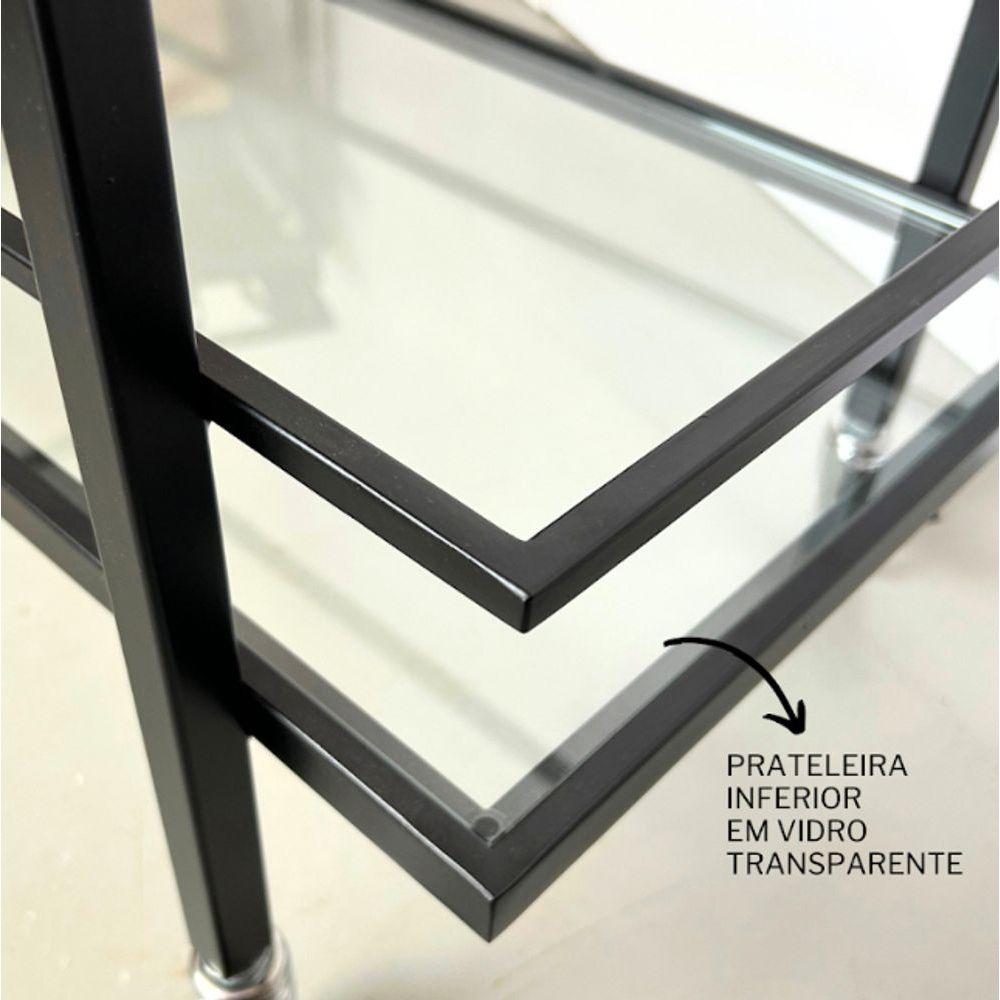 Miniatura Carrinho Decorativo Multiuso Industrial Preto Com 2 Prateleiras Em Vidro Incolor
