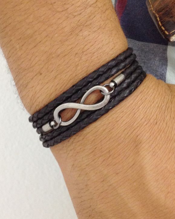Miniatura Pulseira masculina feminina couro e símbolo infinito
