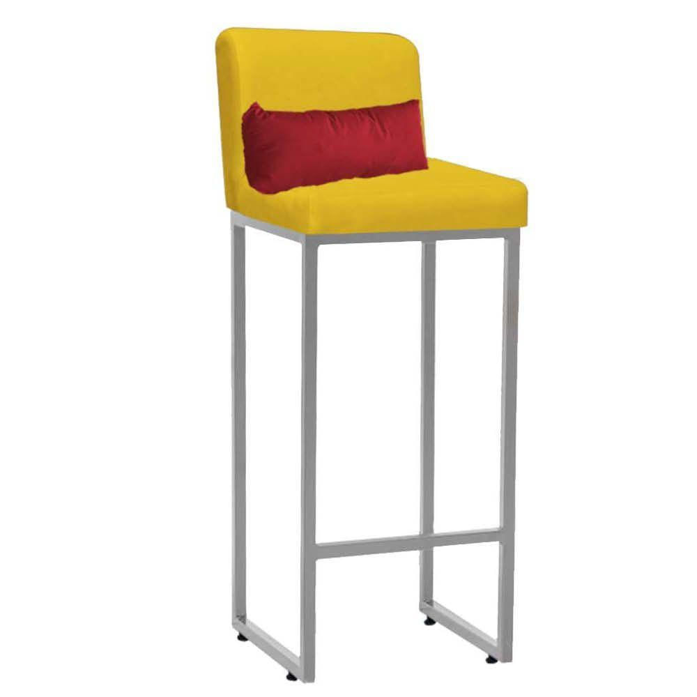 Miniatura Banqueta Alta Com Encosto Industrial Ferro Prata Suede Amarelo E Almofada Vermelho