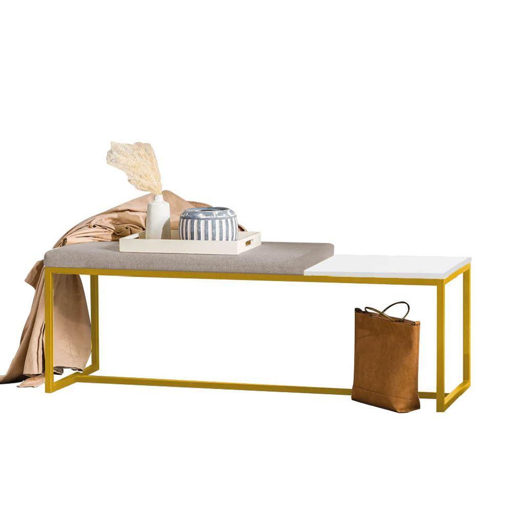 Miniatura Banco Recamier Puff 160cm Industrial Dourado Suede Bege Tampo Quadrado Mdf Branco