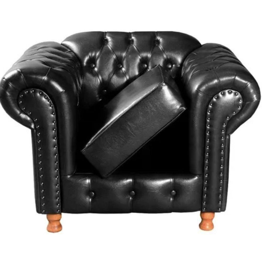 Conjunto Sofá 4 Lugares E Poltrona Chesterfield Luís Xv Vintage Retrô Capitonê Couro Preto
