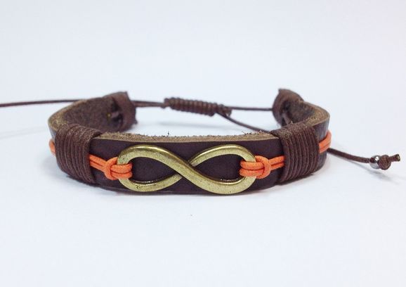 Miniatura Pulseira masculina couro e simbolo infinito ouro velho