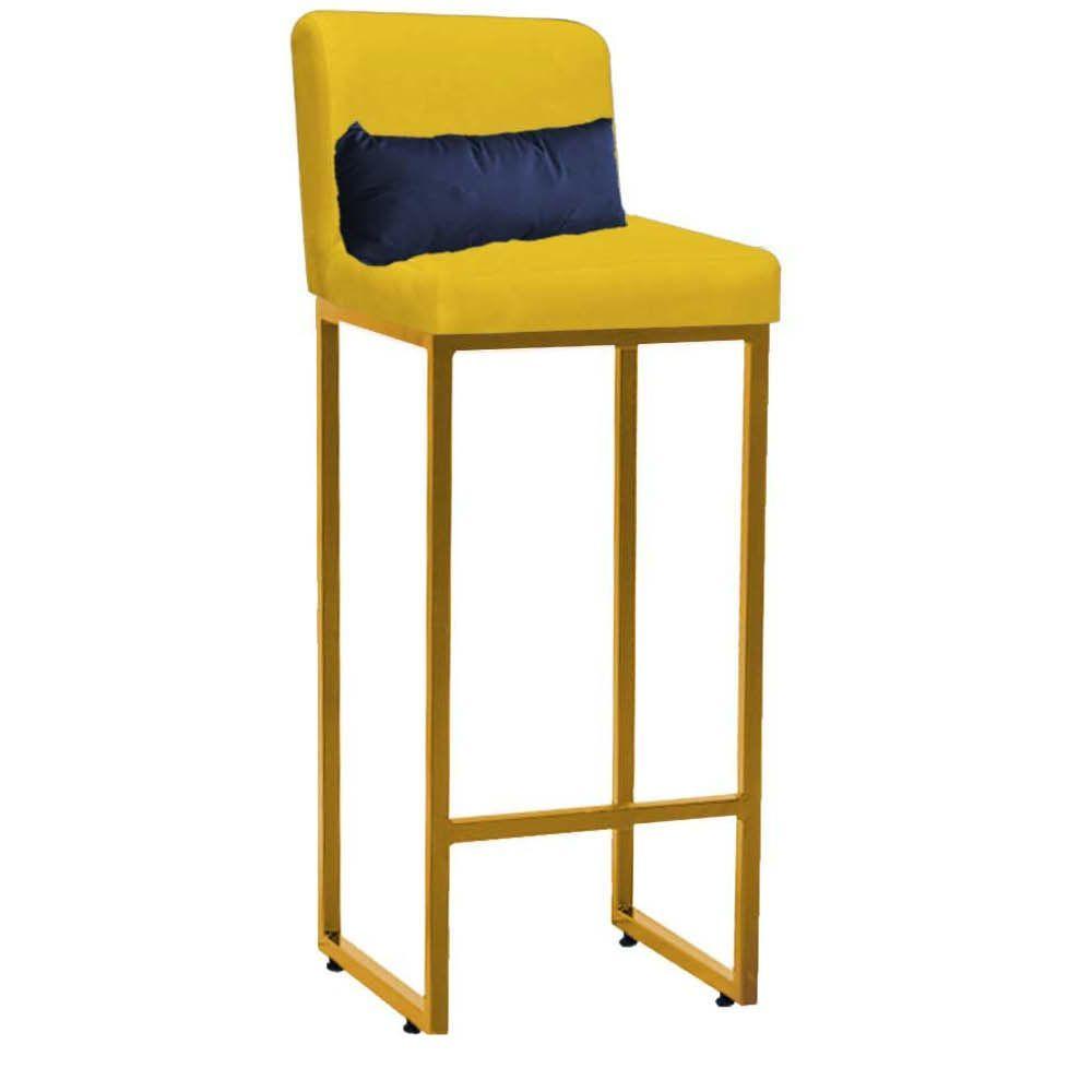Miniatura Banqueta Alta Com Encosto Industrial Ferro Dourado Suede Amarelo E Almofada Azul Marinho - Amey Decor
