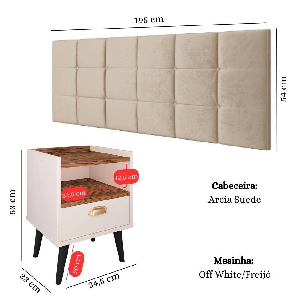 Miniatura Jogo Quarto Completo Kit 2 Mesinhas Nicho Retrô Estilo Off White/Freijó e Cabeceira Suspensa Cama Box King Size 1.95 Bia Areia Suede - RPM Móveis
