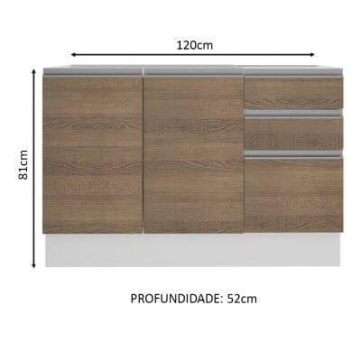 Miniatura Balcão Gabinete de Pia Madesa Acordes Glamy 100% MDF 120 cm 3 Portas e 2 Gavetas Branco/Rustic Cor:Branco/Rustic