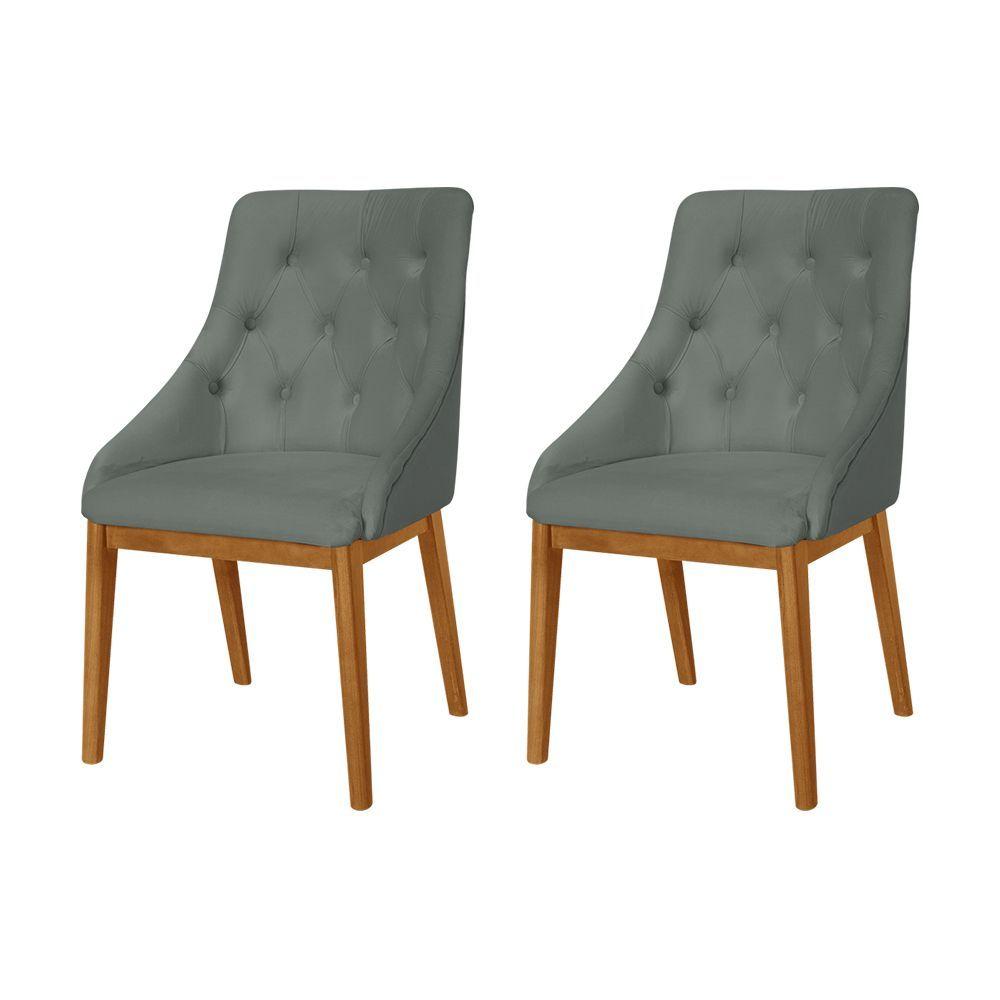 Miniatura Kit 2 Cadeiras De Jantar Estofada Capitonê Veludo Cinza Base Madeira Maciça Mel Cinza