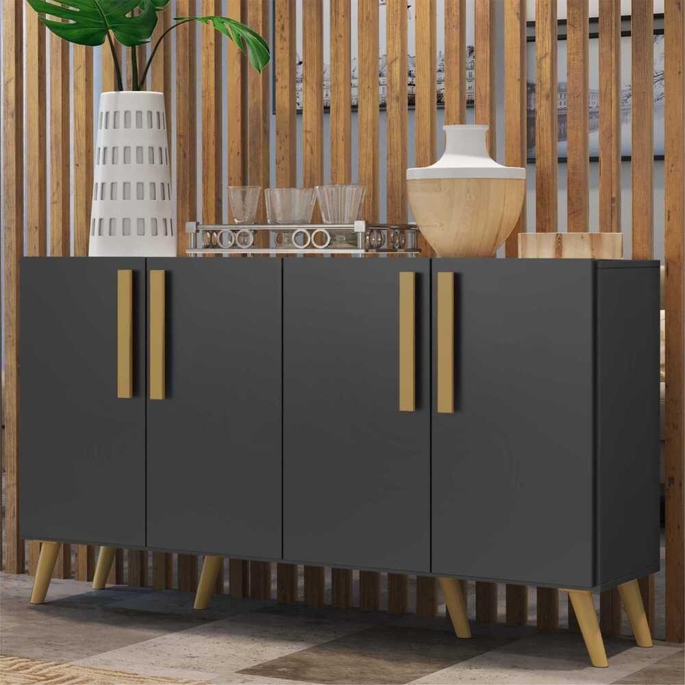 Aparador Buffet 4 Portas Com Pés Retrô Viena Preto/natural