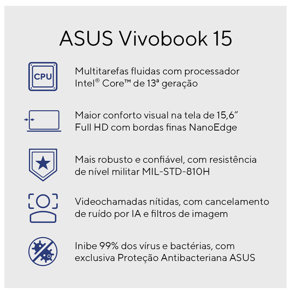 Miniatura Notebook ASUS VivoBook 15, Intel Core i5, 8GB, 512GB SSD, W11 Home, 15.6'' FHD, Quiet Blue - X1504VA-NJ1743W BIVOLT