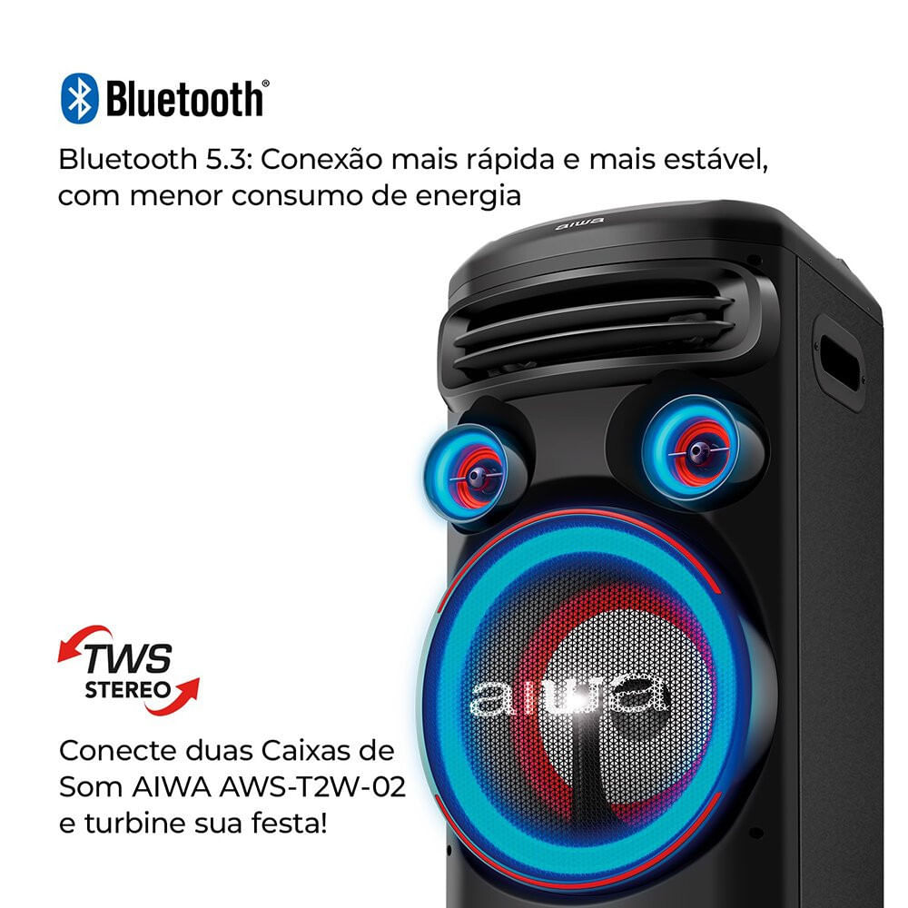 Miniatura Torre de Som 2200W RMS 2 Woofers 10 USB Rádio FM AWS-T2W-01 Aiwa 04893-24-16647 - Preto - Bivolt
