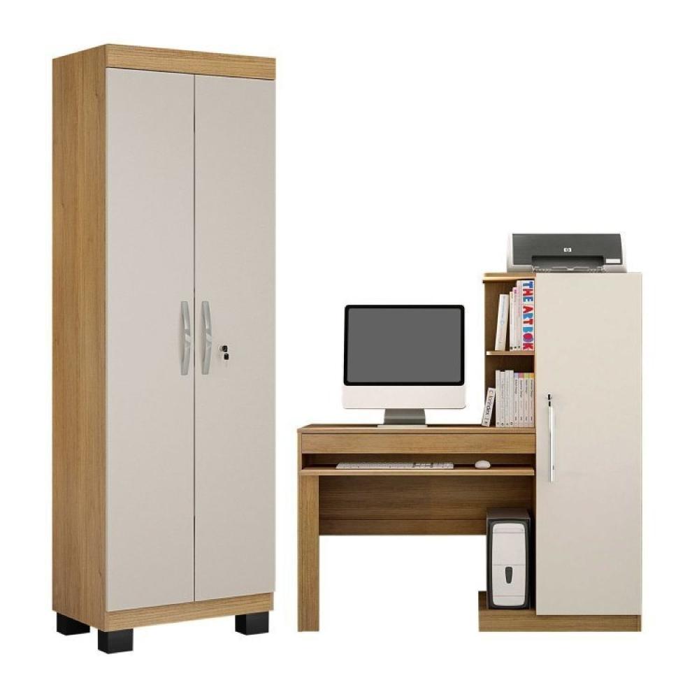Miniatura Conjunto Mesa para Computador Escrivaninha com Armário e Armário Multiuso 2 Portas com Chave Asteca Cinamomo/Off White