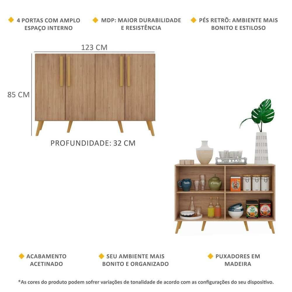 Aparador Buffet 4 Portas Com Pés Retrô Viena Rustic/natural