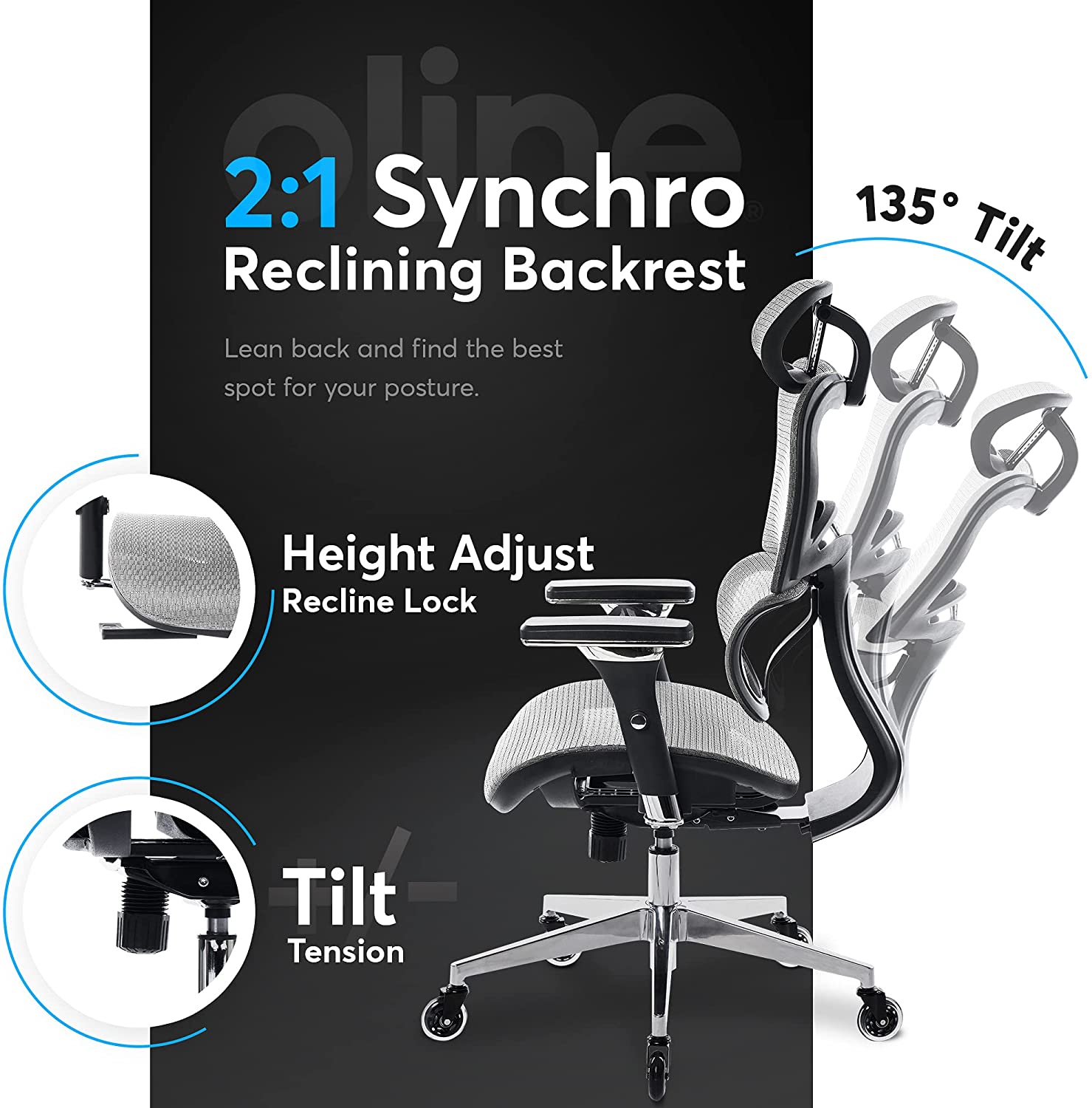 Oline Cadeira de Escritório Ergonômica Giratória e Ajustável com Apoio 4D Cinza