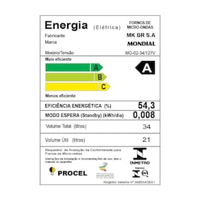 Micro-ondas Mondial MO-02-34-W com 10 Ajustes de Potência e Função Tira Odor – 34L Branco 110V