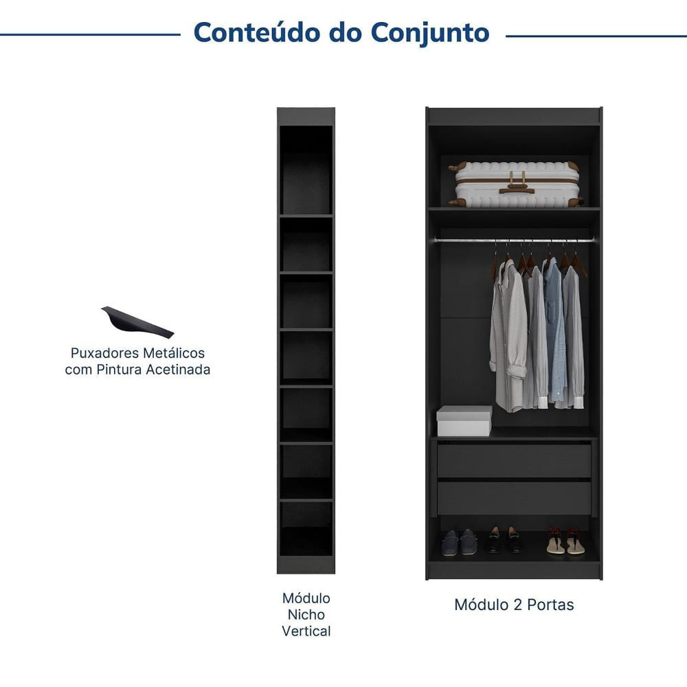 Guarda-roupa Modulado 2 Portas 3 Peças Hera Cabecasa Madeiramadeira Preto