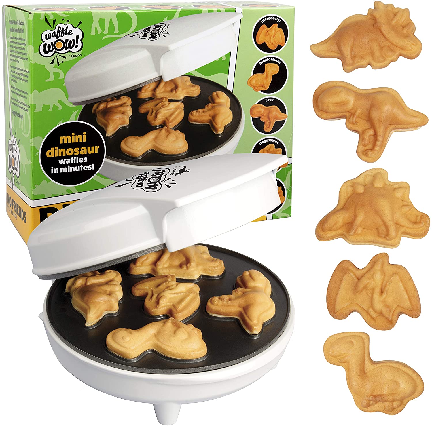 Miniatura CucinaPro Máquina de Waffle Dinossauros Divertido Crianças e Adultos 5 Dinos Antiaderente Branco 110V