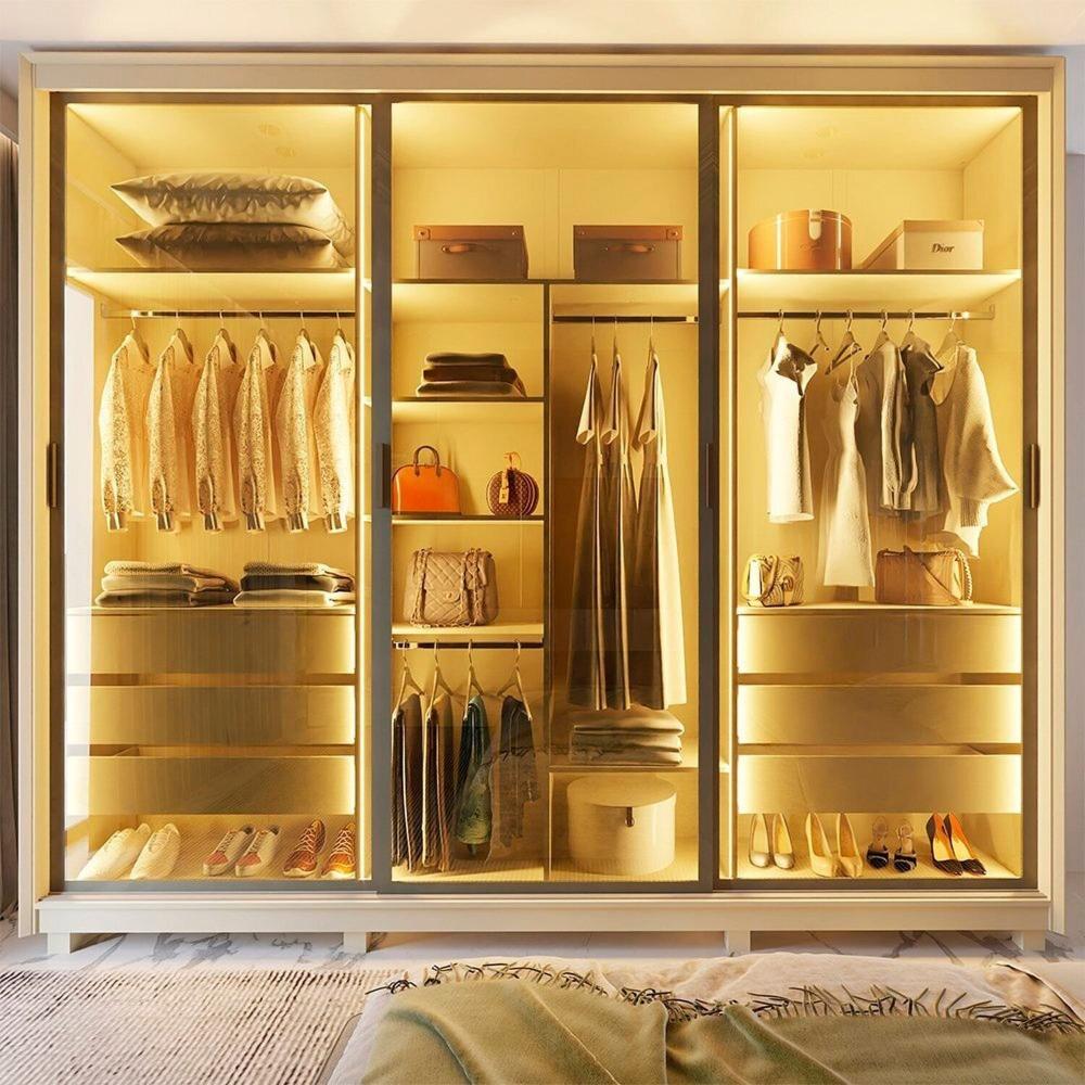 Miniatura Guarda-roupa Casal 3 Portas Reflecta com Pés e Led 100% Mdf Platinum Off White