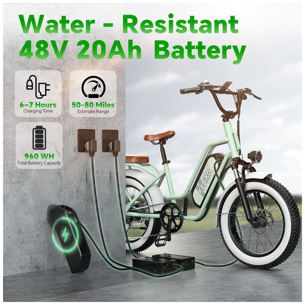 Miniatura Bicicleta Elétrica para 2 Pessoas, Bateria Removível de 48V 20AH, Motor Potente, Pneus Largos 20"x 4.0" para Adultos, Autonomia de 80 Milhas, Velocida
