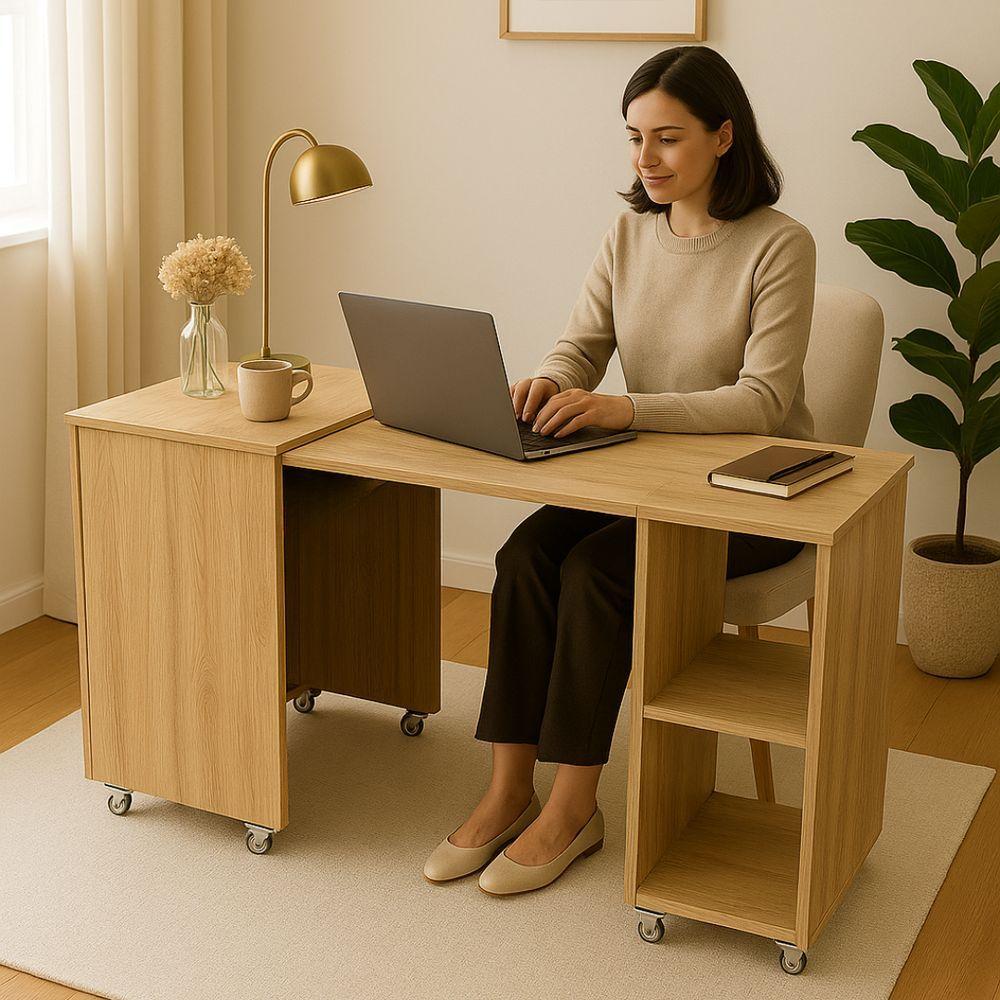 Miniatura Mesa Retrátil Compacta Mdf 15mm Amadeirado Claro Home Office Estudo Otimiza Espaço