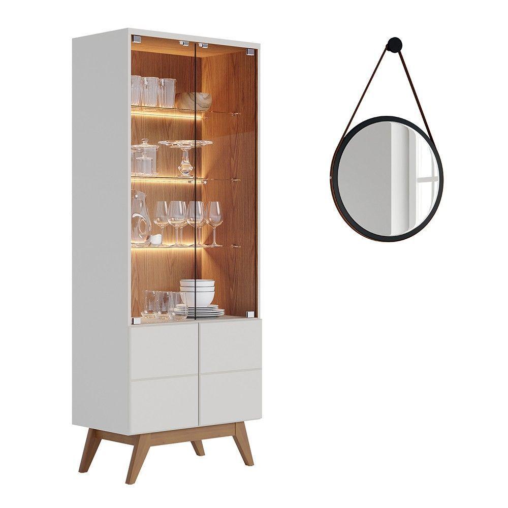 Miniatura Cristaleira Portas De Vidro Rebeca E Espelho Adnet 54cm C05 Off White/freijó - Mpozenato