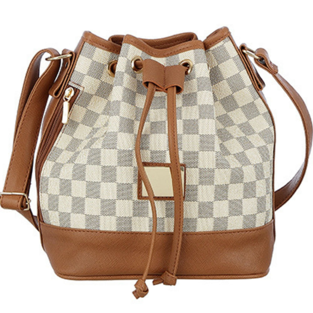 Miniatura Bolsa Saco Transversal MeVisto Estampa Xadrez Creme/Cinza