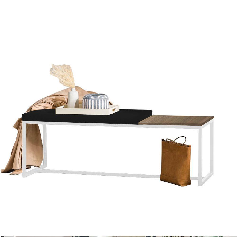 Miniatura Banco Recamier Puff 140cm Industrial Branco Sintético Preto Tampo Quadrado Mdf Imbuia