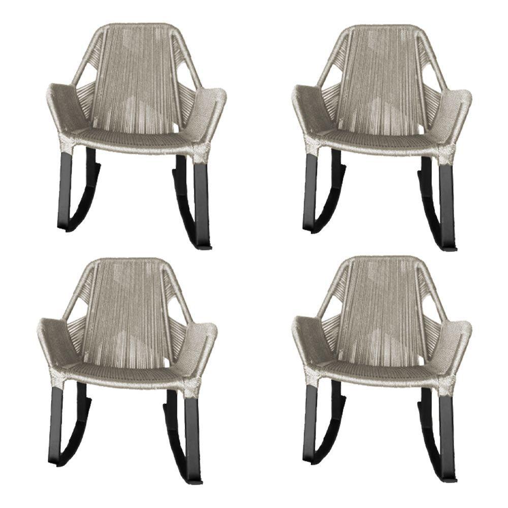 Miniatura Kit 4 Cadeiras De Balanço Athenas Corda Náutica Base Em Alumínio Preto-areia - Cor: Bege