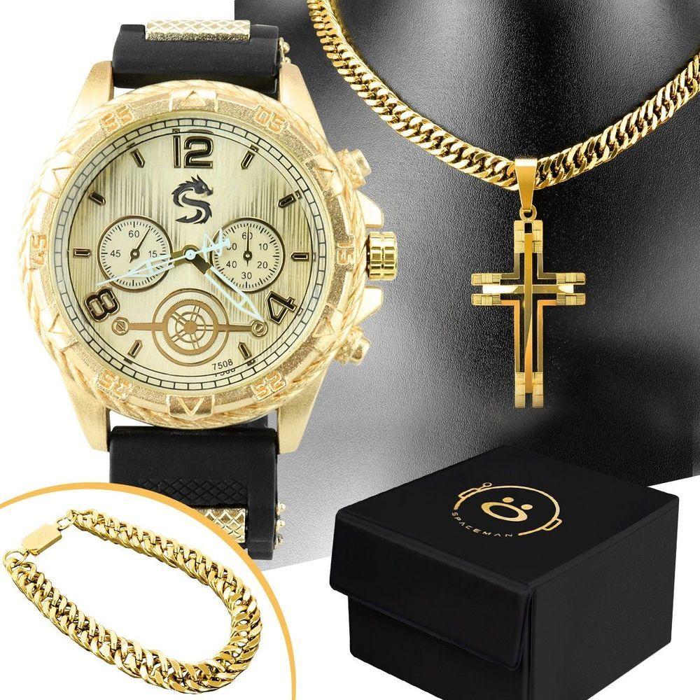Miniatura Relogio Masculino Banhado Ouro + Cordão + Relogio Masculino Aço Inox Casual Presente Original Social