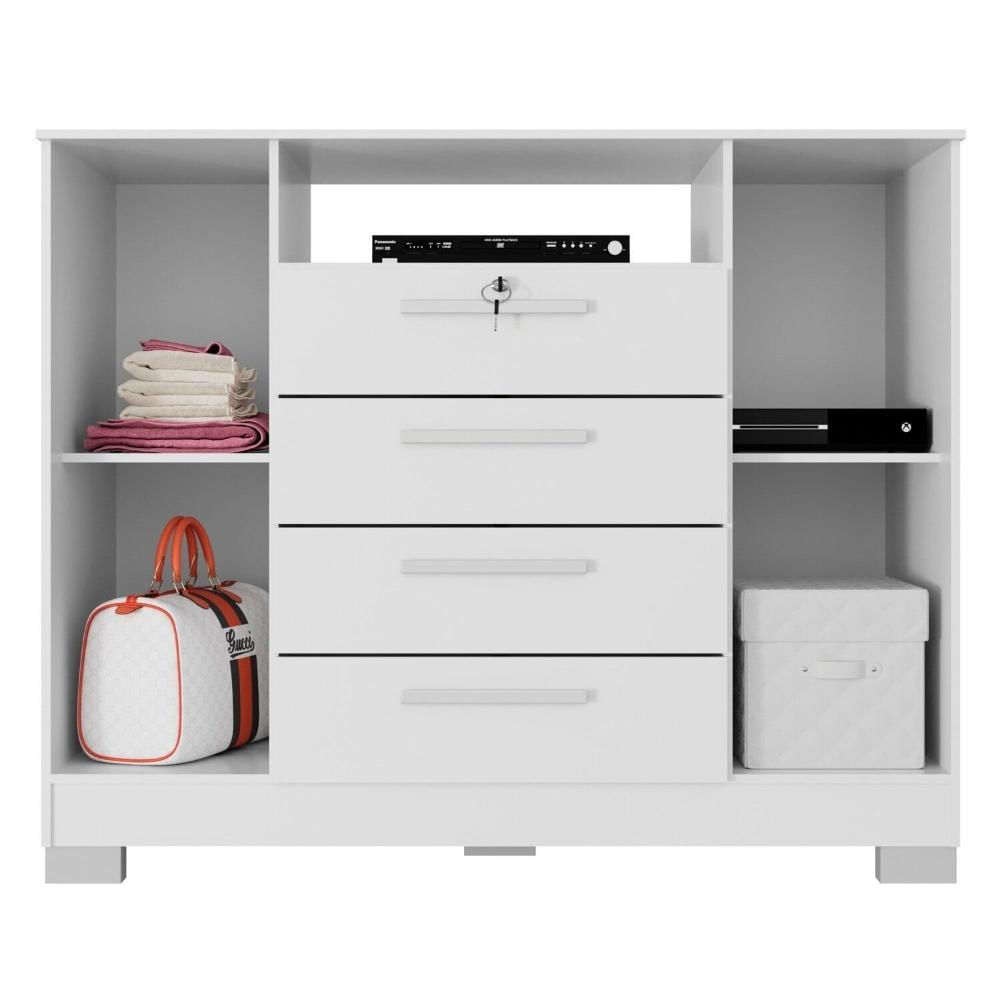 Cômoda Rack para Quarto 2 Portas e 4 Gavetas Branco