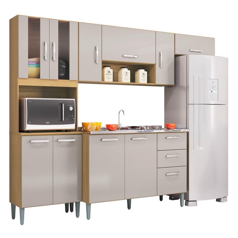 Miniatura Armário De Cozinha Compacta Completa 244cm Balcão E Pia Inox Livy P11 Damasco/off White - Mpozenato