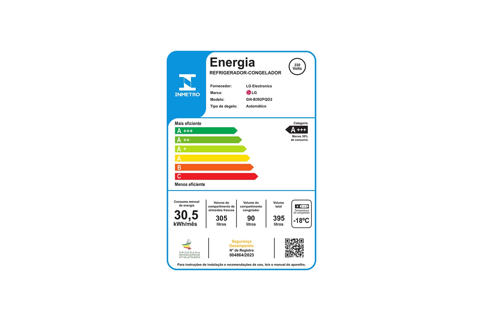 Geladeira LG Frost Free Inverter 395L Duplex Cor Platinum Inox (GN-B392PQD) - 220V