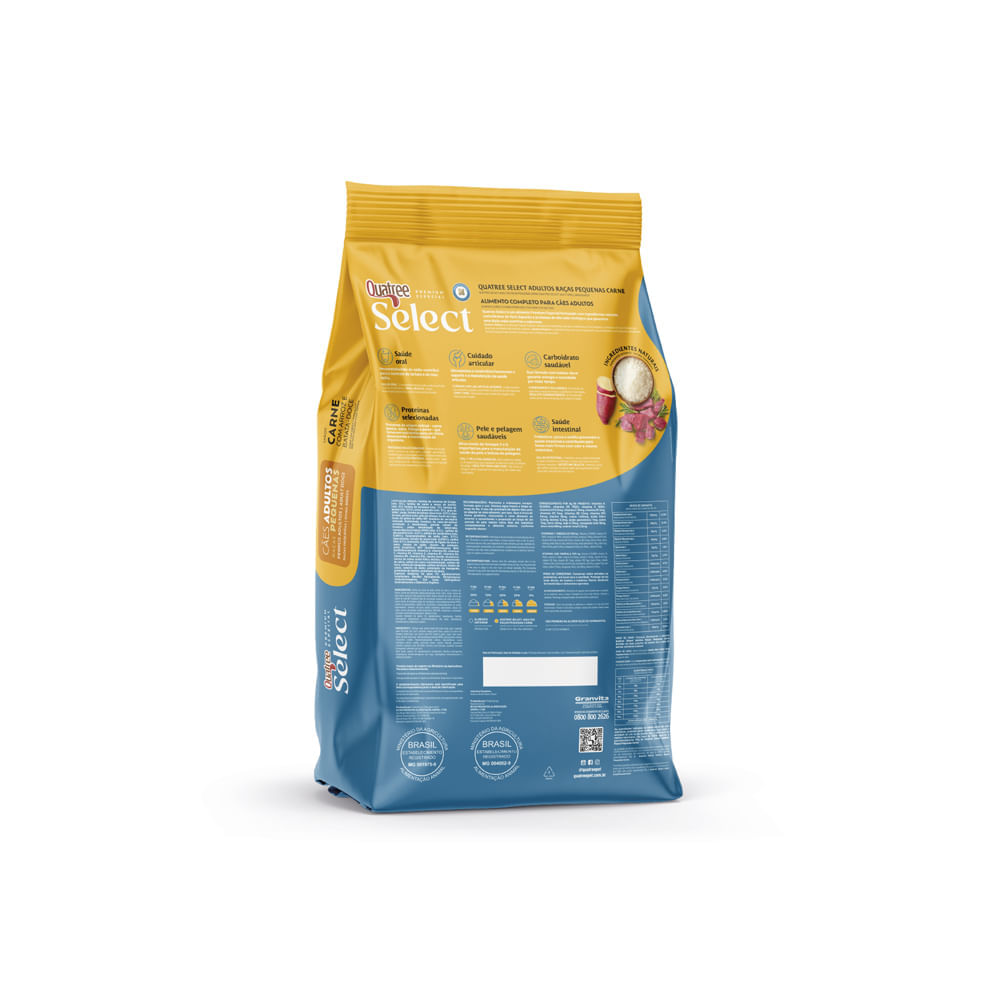 Miniatura Racao para Cachorro Quatree Select Adulto Raca Pequenas Sabor Carne e Arroz e Batata Doce 3kg