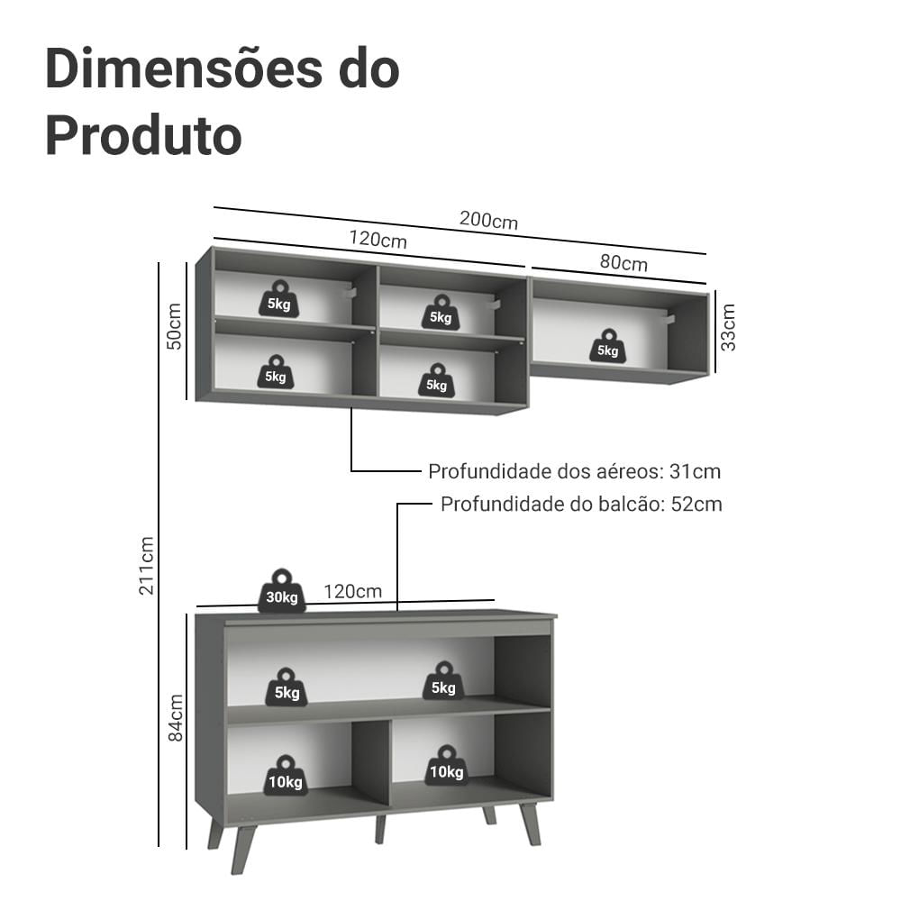 Armário de Cozinha Compacta 200cm Cinza Nice Madesa 01 Cinza
