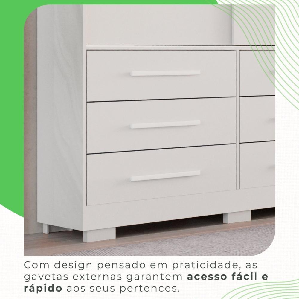 Guarda-roupa com Pés e Espelho Casal 3 Portas 9 Gavetas Luana Branco