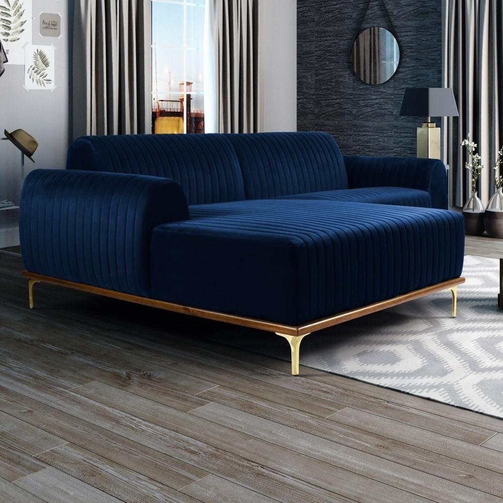 Miniatura Sofá 230cm 4 Lugares Com Chaise Esquerdo Pés Gold Molino C-304 Veludo Azul Marinho - Domi