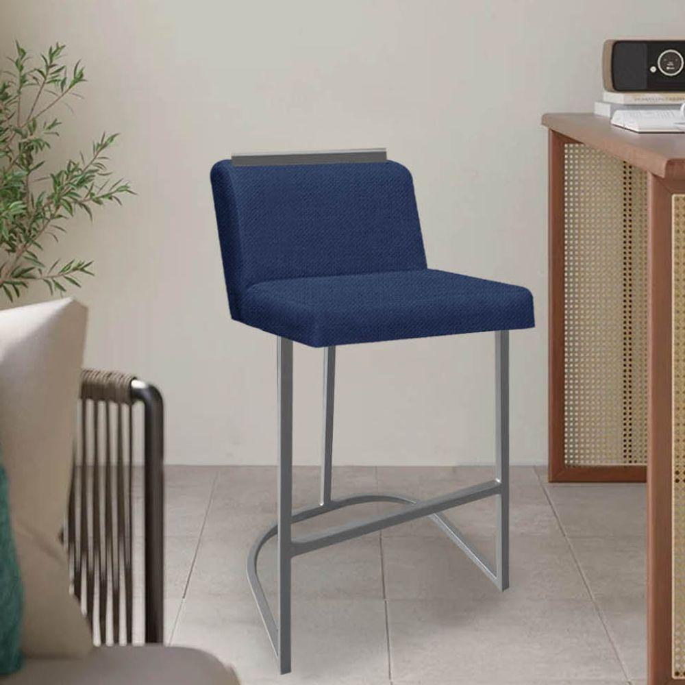 Miniatura Banqueta Com Encosto Nynna Luxo Confort Bistrô Cozinha Ferro Prata Linho Azul Marinho - Amey Decor