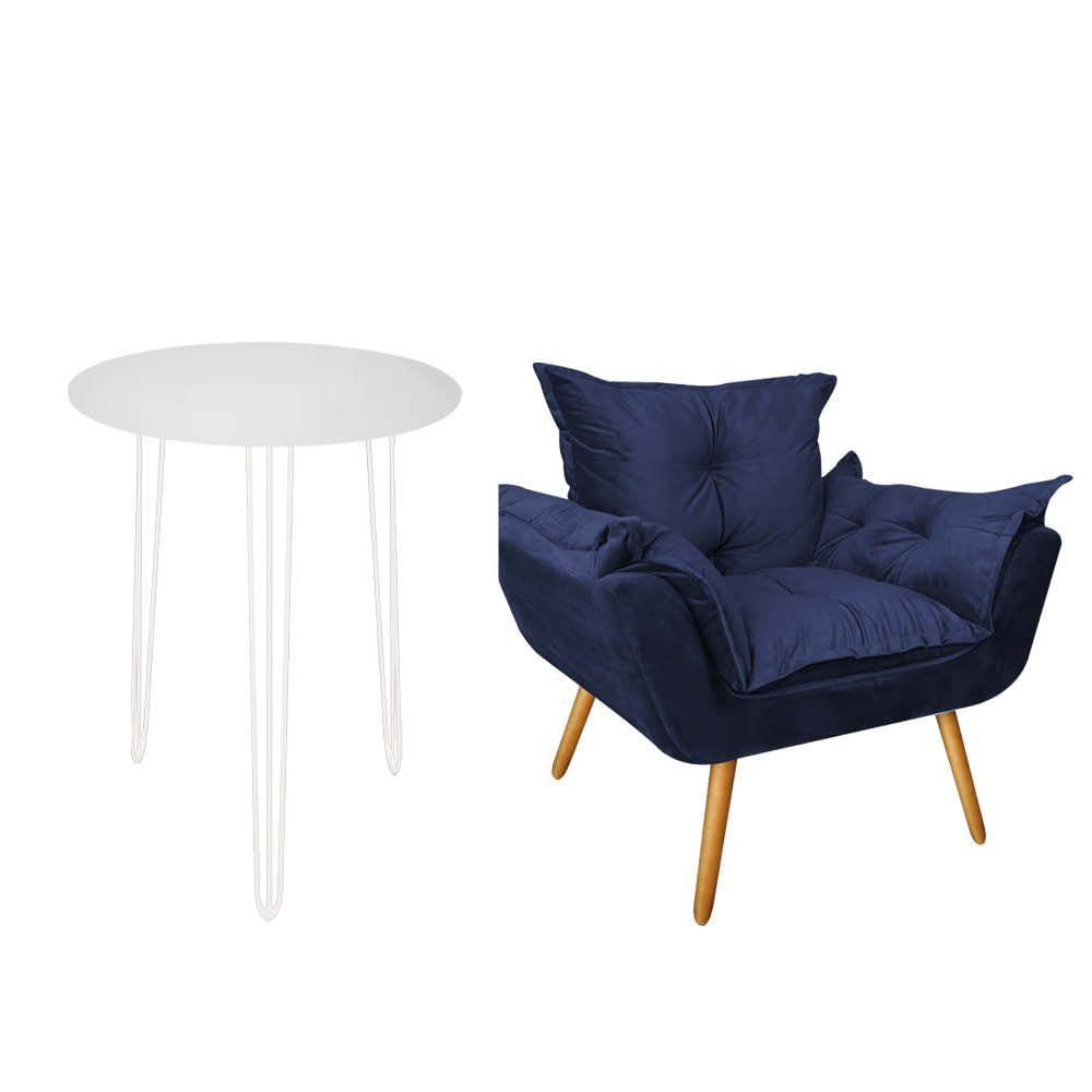 Miniatura Kit Poltrona Opala Com Mesa Roma Ferro Branco Tampo Redondo Branco Azul Marinho - Ahazzo Móveis