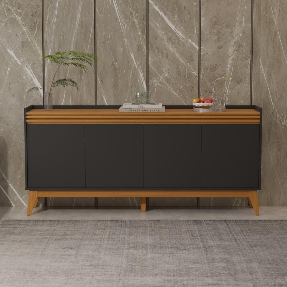 Buffet Aparador Ripado 4 Portas Com Pés De MDF Astúrias 180cm Preto Cedro