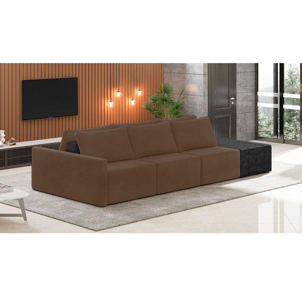 Sofá Ilha 3 Lugares Living 402cm Modulado Lary Veludo-pu Pto K01 Cor Marrom