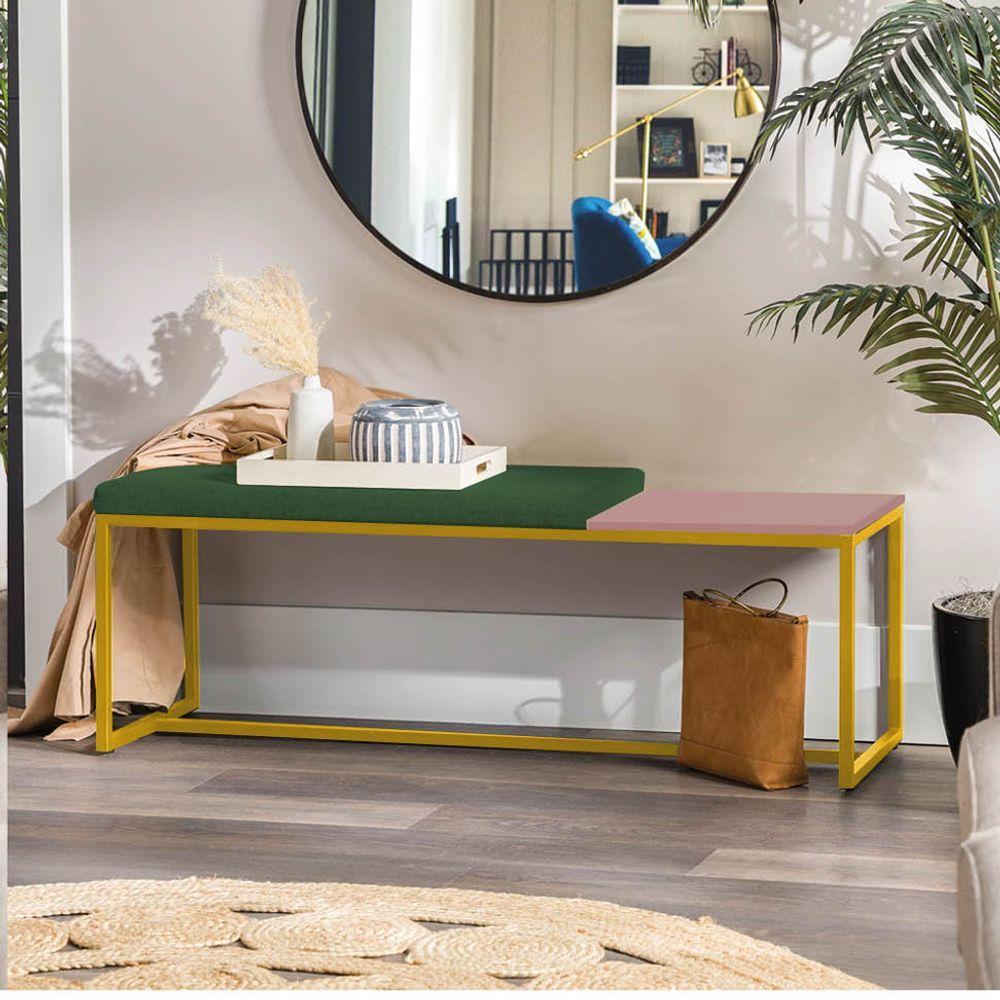 Miniatura Banco Recamier Puff 160cm Industrial Dourado Suede Verde Tampo Quadrado Mdf Rose