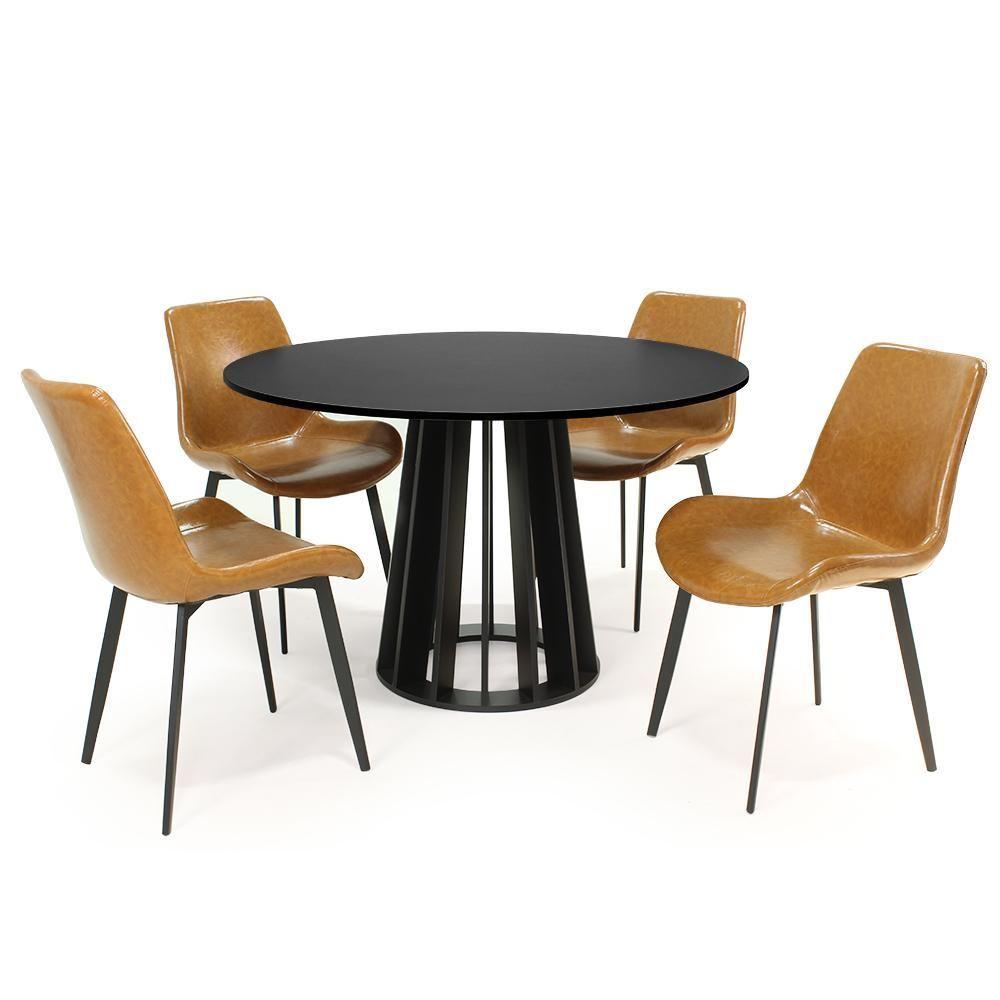 Miniatura Conjunto Mesa De Jantar Redonda Preta Talia 120cm Com 4 Cadeiras Estofadas Chicago - Marrom
