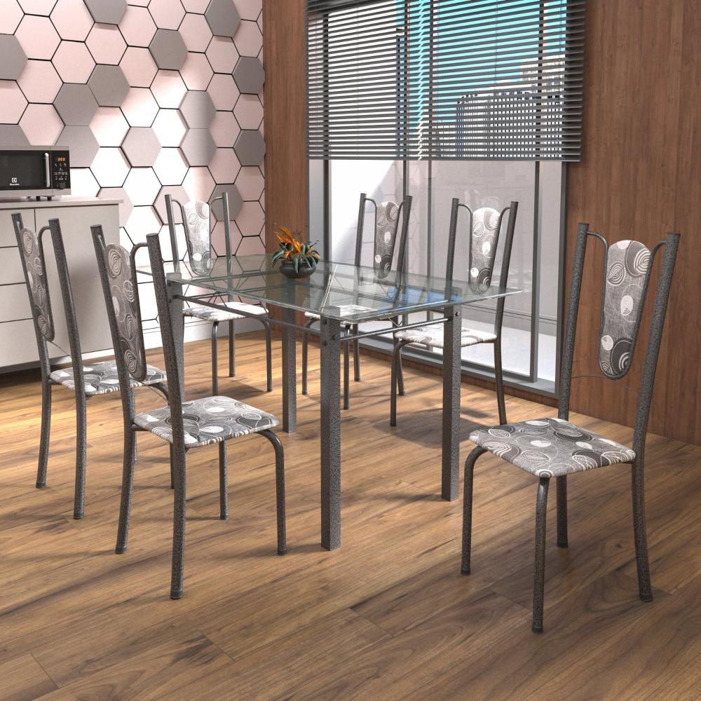 Miniatura Conjunto de Mesa Tubular 6 Cadeiras 140cm com Tampo de Vidro Melissa Soma Móveis Paraopeba/Prata