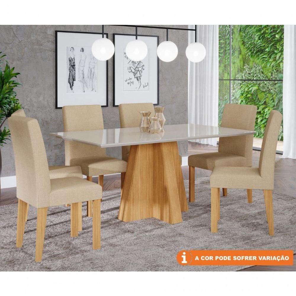 Conjunto Sala De Jantar 160x80 Tampo Mdf/vidro 6 Cadeiras Maia Cimol Nature/offwhite