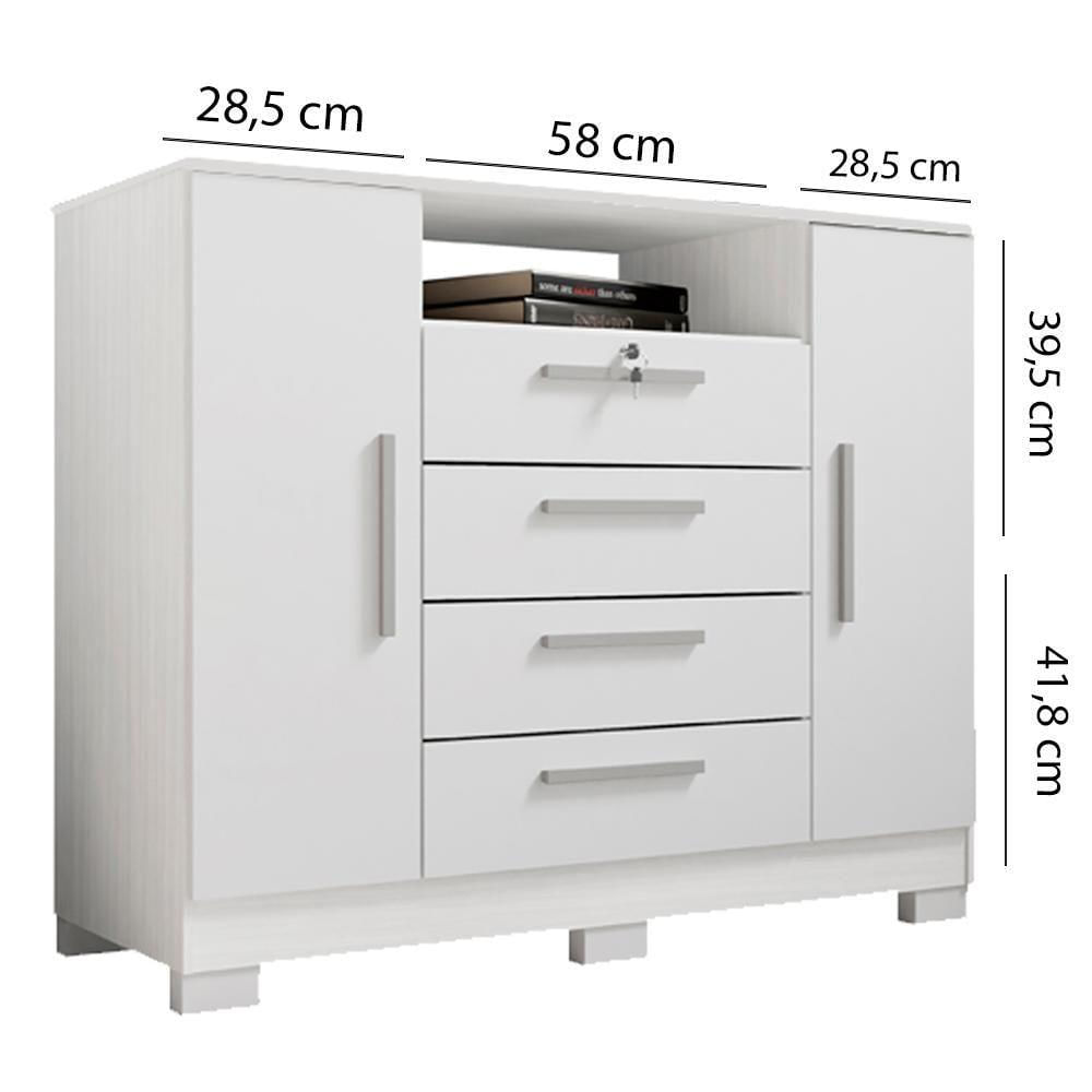 Miniatura Comoda Rack 2 Portas 4 Gavetas Madri 121 Cm Branco Incp