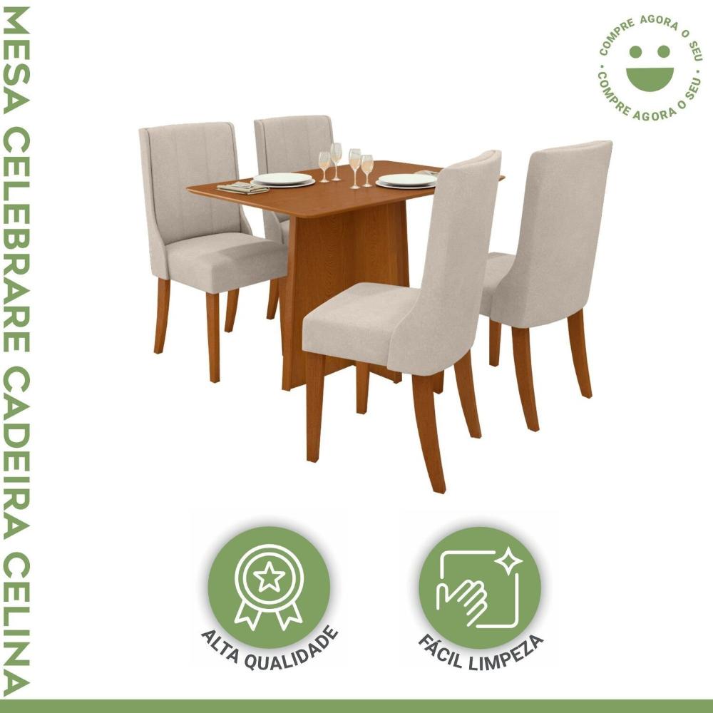 Conjunto Mesa 120cm Celebrare Tampo Mdf no Glass e 4 Cadeiras Celina Frassino/ Creme