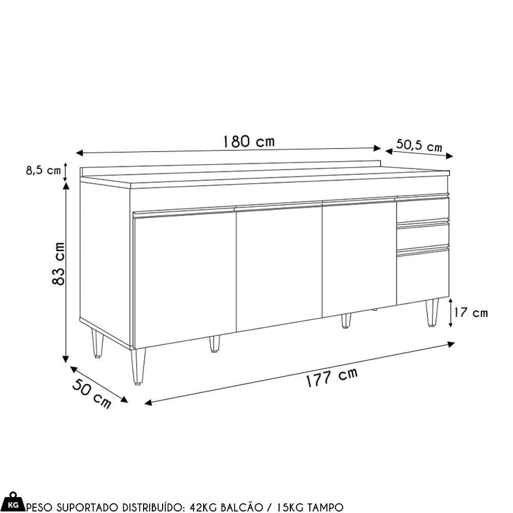 Miniatura Balcão De Cozinha Para Pia 180cm Com Tampo 4 Portas Dallas Cinza Claro-castanho - Lumil