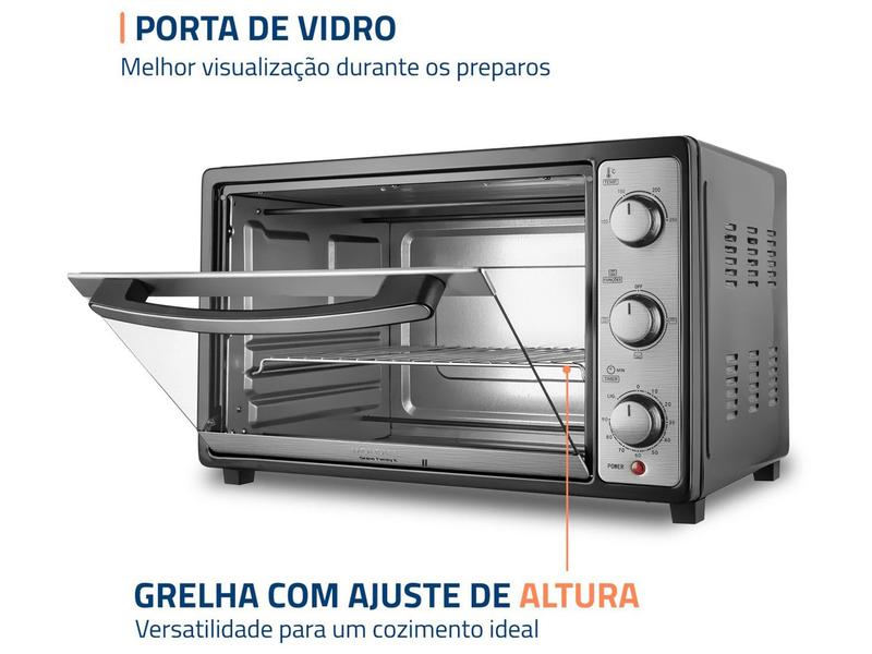 Forno Elétrico de Bancada Mondial Multifuncional 52L Preto e Prata Grand Family II FRN-52-B Preto e Inox - 110V